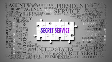 Gizli Servis karmaşık bir konudur, önemli konularla ilgilidir. Gizli servisle ilgili en önemli fikir ve ifadelerden oluşan bir bulmaca ve kelime bulutu olarak resmedilmiş..