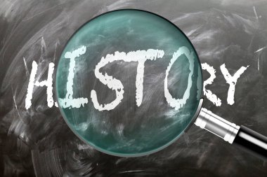 History - learn, study and inspect it. Taking a closer look at history. A magnifying glass enlarging word 'history' written on a blackboard clipart