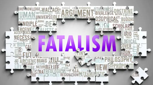 stock image Fatalism as a complex subject, related to important topics. Pictured as a puzzle and a word cloud made of most important ideas and phrases related to fatalism.