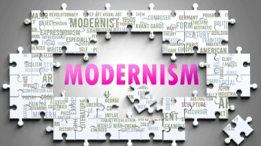 Modernism as a complex subject, related to important topics. Pictured as a puzzle and a word cloud made of most important ideas and phrases related to modernism. clipart