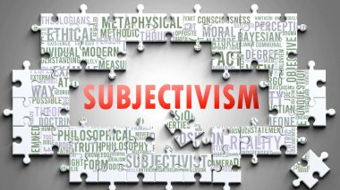 Subjectivism as a complex subject, related to important topics. Pictured as a puzzle and a word cloud made of most important ideas and phrases related to subjectivism. clipart