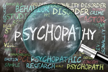 Psikopatlık inceleniyor, yakından inceleniyor. En önemli konular ve psikopatlıkla yakından ilgili fikirler bir büyüteç tarafından incelenen bir karatahtaya yazılmış..