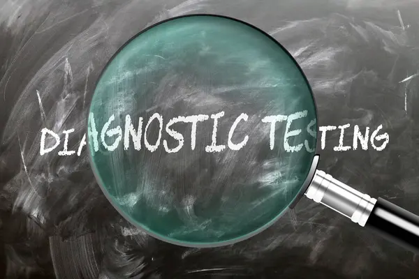 stock image Diagnostic Testing - learn, study and inspect it. Taking a closer look at diagnostic testing. A magnifying glass enlarging word 'diagnostic testing' written on a blackboard