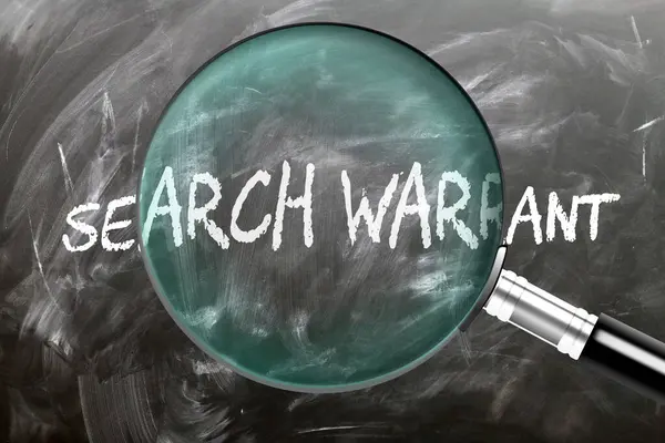 stock image Search Warrant - learn, study and inspect it. Taking a closer look at search warrant. A magnifying glass enlarging word 'search warrant' written on a blackboard