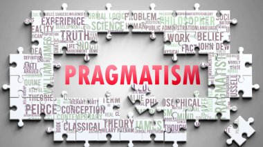 Önemli konularla ilgili karmaşık bir konu olarak pragmatizm. Pragmatizmle ilgili en önemli fikir ve deyimlerden oluşan bir bulmaca ve kelime bulutu olarak resmedilmiş..