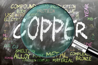 Bakır inceleniyor, yakından inceleniyor. En önemli konular ve bakırla yakından ilgili fikirler büyüteçle incelenen bir kara tahtaya yazılmış..