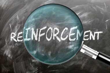 Reinforcement - learn, study and inspect it. Taking a closer look at reinforcement. A magnifying glass enlarging word 'reinforcement' written on a blackboard clipart