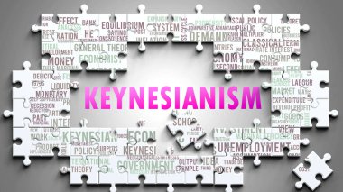 Keynesianism as a complex subject, related to important topics. Pictured as a puzzle and a word cloud made of most important ideas and phrases related to keynesianism. clipart