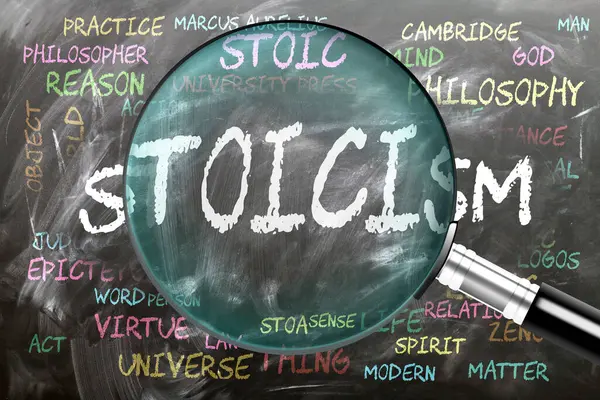 Stosisizm yakından inceleniyor, inceleniyor. En önemli konular ve düşünceler, büyüteçle incelenen bir karatahtaya yazılmış stokizmle yakından ilişkilidir..