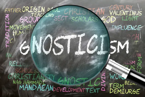 stock image Gnosticism being studied, examined - under close inspection. Most important subjects and ideas closely related to gnosticism written on a blackboard inspected by a magnifying glass.