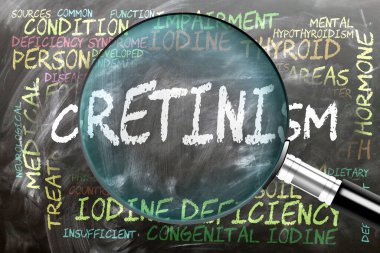 Cretinism being studied, examined - under close inspection. Most important subjects and ideas closely related to cretinism written on a blackboard inspected by a magnifying glass. clipart