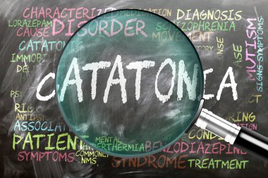 Catatonia being studied, examined - under close inspection. Most important subjects and ideas closely related to catatonia written on a blackboard inspected by a magnifying glass. clipart