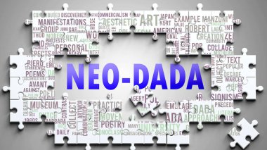 Neo-Dada as a complex subject, related to important topics. Pictured as a puzzle and a word cloud made of most important ideas and phrases related to neo-dada. clipart