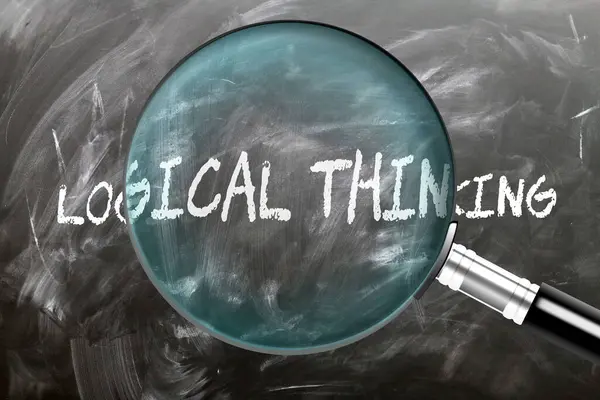 stock image Logical Thinking - learn, study and inspect it. Taking a closer look at logical thinking. A magnifying glass enlarging word 'logical thinking' written on a blackboard