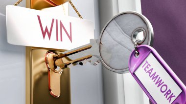 Teamwork leads to Win - it's a key to unlock win. A door key metaphor showing how teamwork is a key to access or achieve win. It's a necessary element to open and reach win. clipart