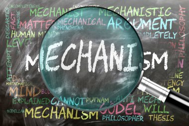 Mekanizma yakından inceleniyor, inceleniyor. En önemli konular ve fikirler, büyüteçle incelenen bir karatahtaya yazılmış mekanizmayla yakından ilişkilidir..