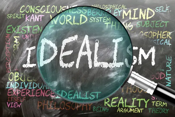 İdealizm yakından inceleniyor, inceleniyor. En önemli konular ve idealizmle yakından ilişkili fikirler bir büyüteç tarafından incelenen bir kara tahtaya yazılmış..