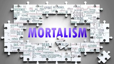 Karmaşık bir konu olarak ölümcülük, önemli konularla ilgili. Bir bulmaca ve kelime bulutu olarak resmedilmiş. Ölümlülülükle ilgili en önemli fikir ve cümlelerden oluşmuş..