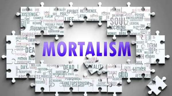 Karmaşık bir konu olarak ölümcülük, önemli konularla ilgili. Bir bulmaca ve kelime bulutu olarak resmedilmiş. Ölümlülülükle ilgili en önemli fikir ve cümlelerden oluşmuş..