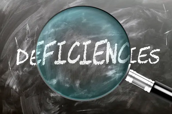 stock image Deficiencies - learn, study and inspect it. Taking a closer look at deficiencies. A magnifying glass enlarging word 'deficiencies' written on a blackboard