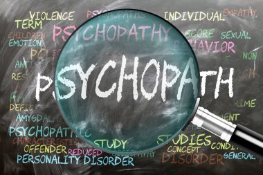 Psikopat yakından inceleniyor, inceleniyor. En önemli konular ve psikopatla yakından ilişkili fikirler bir büyüteç tarafından incelenen kara tahtada yazılı..