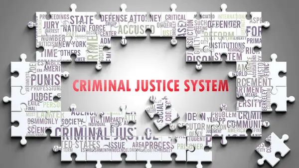 stock image Criminal Justice System as a complex subject, related to important topics. Pictured as a puzzle surrounded by most important ideas and phrases related to criminal justice system.