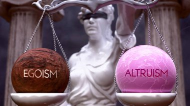Egoizm ya da fedakarlık bir seçim, iki seçenek var. İki alternatif sunan Yunan heykeli: egoizm veya fedakarlık, değerlerini ölçmek. Artılarına ve eksilerine bakıyorum..