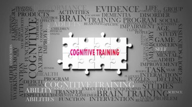 Cognitive Training as a complex subject, related to important topics. Pictured as a puzzle and a word cloud made of most important ideas and phrases related to cognitive training. clipart