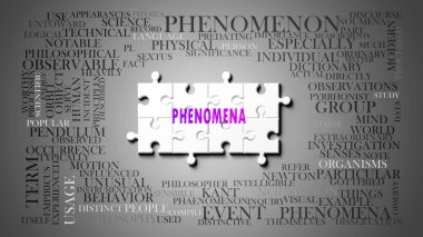 Önemli konularla ilgili karmaşık bir konu olarak fenomena. Bir bulmaca ve fenomenle ilgili en önemli fikir ve ifadelerden oluşan bir kelime bulutu olarak resmedilmiş..