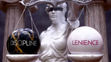 Discipline or Lenience as a choice, two options to choose from. Greek statue presenting two alternatives: discipline or lenience, weighing their values. Looking at pros and cons. clipart