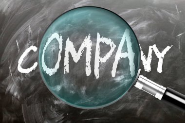 Company - learn, study and inspect it. Taking a closer look at company. A magnifying glass enlarging word 'company' written on a blackboard clipart