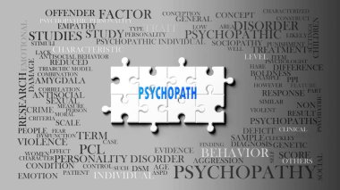 Psikopat karmaşık bir konu, önemli konularla ilgili. Psikopatla ilgili en önemli fikir ve ifadelerden oluşan bir bulmaca ve kelime bulutu olarak resmedilmiş..