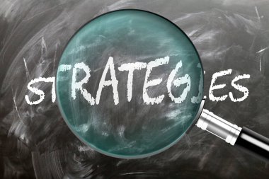 Strategies - learn, study and inspect it. Taking a closer look at strategies. A magnifying glass enlarging word 'strategies' written on a blackboard clipart