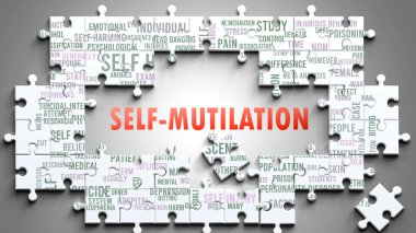 Self-Mutilation as a complex subject, related to important topics. Pictured as a puzzle and a word cloud made of most important ideas and phrases related to self-mutilation. clipart