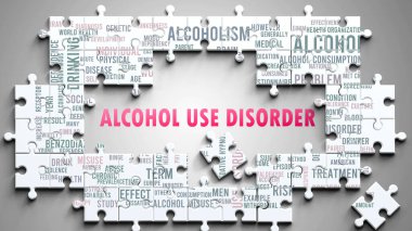Alkol Bozukluğu önemli konularla ilgili karmaşık bir konu olarak kullanın. Alkol kullanımı bozukluğuyla ilgili en önemli fikir ve cümlelerden oluşan bir bulmaca ve kelime bulutu olarak resmedilmiş.