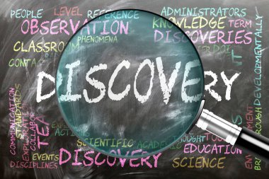 Keşif araştırılıyor, inceleniyor, yakından inceleniyor. En önemli konular ve fikirler bir büyüteçle incelenen bir karatahtaya yazılmış keşiflerle yakından ilişkilidir..