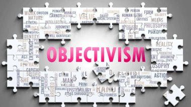 Objectivism as a complex subject, related to important topics. Pictured as a puzzle and a word cloud made of most important ideas and phrases related to objectivism. clipart