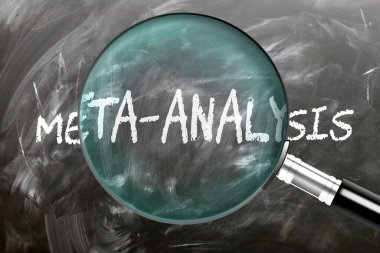 Meta-Analysis - learn, study and inspect it. Taking a closer look at meta-analysis. A magnifying glass enlarging word 'meta-analysis' written on a blackboard clipart