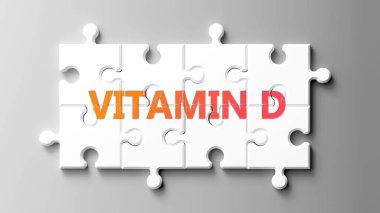 Yapboz gibi D vitamini kompleksi. D vitamini, bir yapboz parçasının üzerinde D vitamini olarak resmedilmiş. D vitamini karmaşık ve birbirine uyumlu parçalar gerektiriyor..