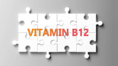 Yapboz gibi B12 vitamini kompleksi. B-12 vitamininin karmaşık olduğunu göstermek için bir bulmaca parçasının üzerinde B-12 vitamini olarak resmedilmiş..
