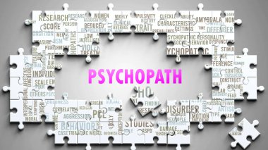 Psikopat karmaşık bir konu, önemli konularla ilgili. Psikopatla ilgili en önemli fikir ve ifadelerden oluşan bir bulmaca ve kelime bulutu olarak resmedilmiş..