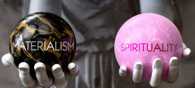 Materyalizm mi, ruhanilik mi? İki seçenek arasında karar ver. Bir seçim sunan Yunan heykeli: materyalizm veya maneviyat, değerlerini tartan heykel. Artılarına ve eksilerine bakıyorum.. 