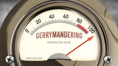 Gerrymandering ve Redistricting Meter tam ölçekte, çok yüksek seviyede gerrymanlama gösteriyor, aşırı yükleme, çok fazla. Maksimum değer, standartların ötesinde.. 