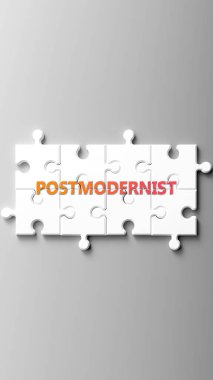 Postmodernist complex like a puzzle - pictured as word postmodernist on a puzzle pieces to show that postmodernist is complex and needs cooperating pieces that fit together. clipart