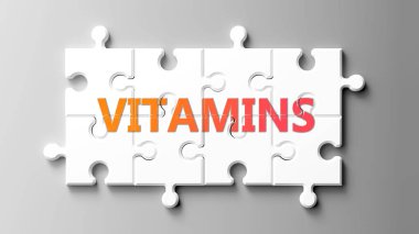 Yapboz gibi karmaşık vitaminler. Vitaminlerin karmaşık olduğunu göstermek için bulmaca parçalarındaki kelime vitaminleri gibi resmedilmiş..