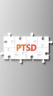Travma sonrası stres bozukluğu kompleksi. Travma sonrası stres bozukluğu olan bir yapboz parçasındaki kelime olarak resmedilmiş. Travma sonrası stres bozukluğunun karmaşık olduğunu göstermek için..