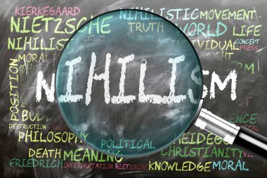 Nihilizm inceleniyor, yakından inceleniyor. En önemli konular ve nihilizm ile yakından ilgili fikirler bir büyüteç tarafından incelenen bir karatahtaya yazılmış..