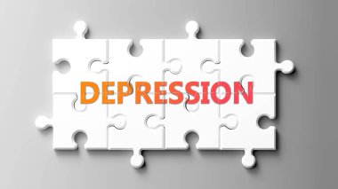 Depresyon kompleksi, bir bulmaca parçasındaki kelime bunalımı olarak resmedilmiş ve depresyonun karmaşık olduğunu gösteren ve birbirine uyan işbirliği gerektiren parçalar..