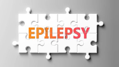 Yapboz gibi epilepsi kompleksi. Yapboz parçaları üzerindeki kelime epilepsisi olarak resmedilmiş. Epilepsinin karmaşık olduğunu ve birbirine uyan işbirliği gerektirdiğini gösteriyor..