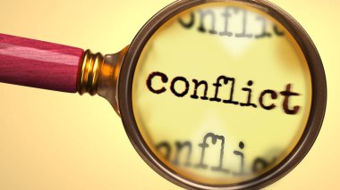 İnceleme, inceleme ve soruşturma altında çatışma. Yakından bak. Çatışmanın anlamını araştırmanın, araştırmanın ve analiz etmenin sembolü.